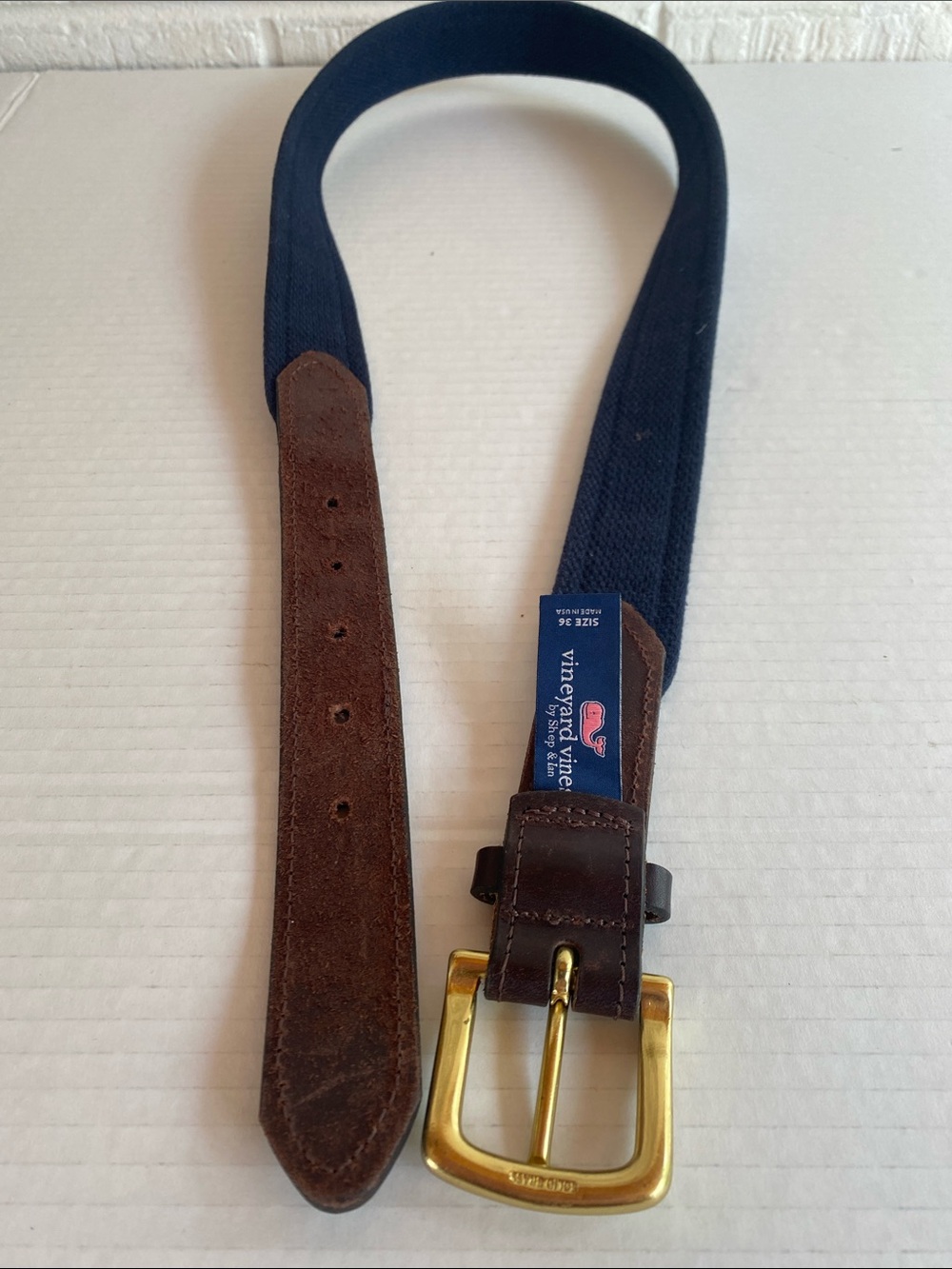 Vineyard Vines Leather with Blue Canvas and fabric Star Pennant Belt Size 36 - Picture 2 of 8